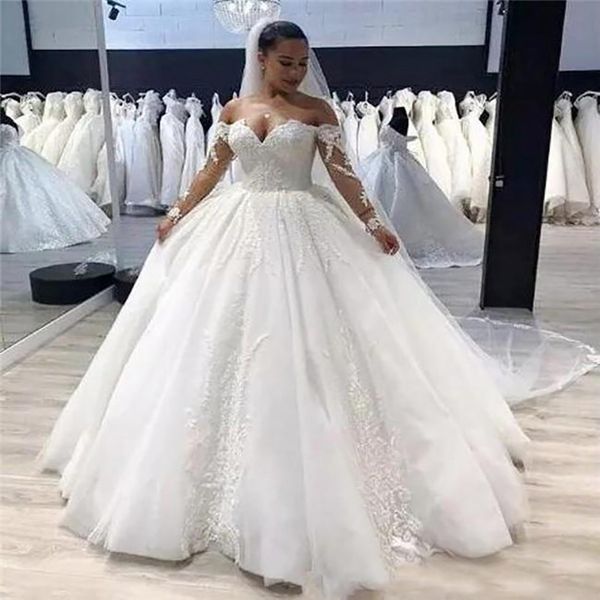 

plus size ball gown wedding dress vintage lace appliques off shoulder long sleeves wed gowns zipper back country bridal gowns, White