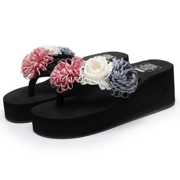 

summer new leisure platform flip-flops womens slippers manual flower decorated herringbone sandals vacation beach shoes sh47, Black