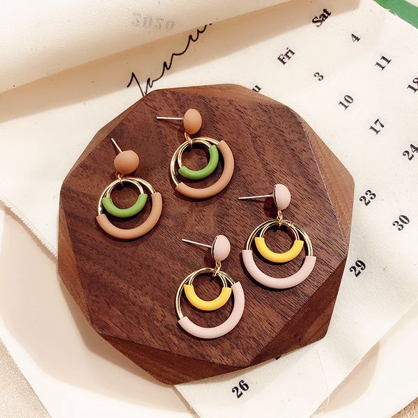 

2020 new korea silver needle noble leather pink yellow double circle drop earrings for women girl fashion jewelry accessories