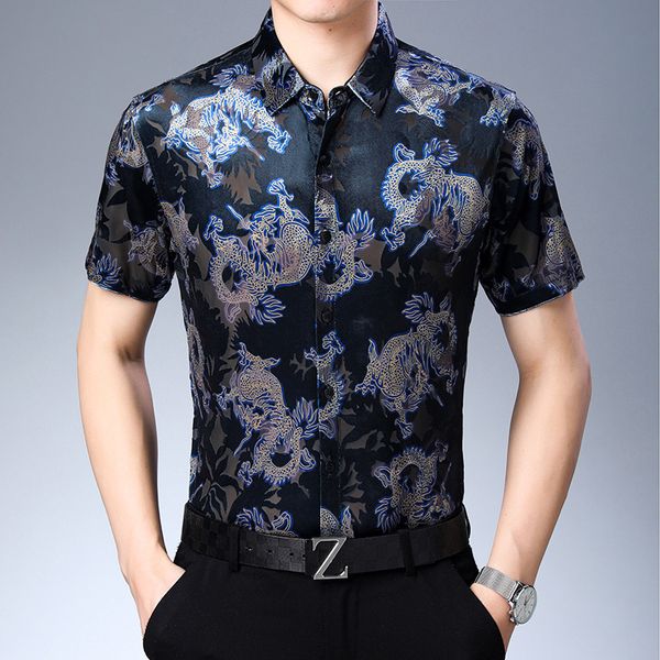 

3d dragon pattern print streetwear fancy luxury short sleeve shirt summer 2019 new quality velvet soft comfortable icy men shirt, White;black