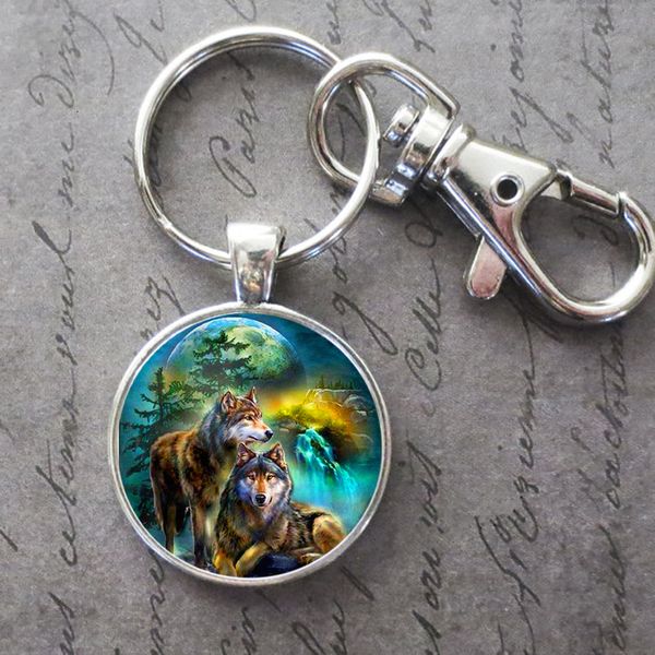 

art wolf and full moon key ring key chain buckle glass crystal pendant birthday festival anniversary gift jewelry accessories, Slivery;golden