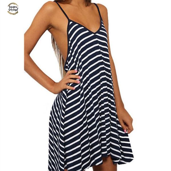

summer women backless mini dress beach v-neck black white striped sleeveless spaghetti strap dress vestidos, Black;gray