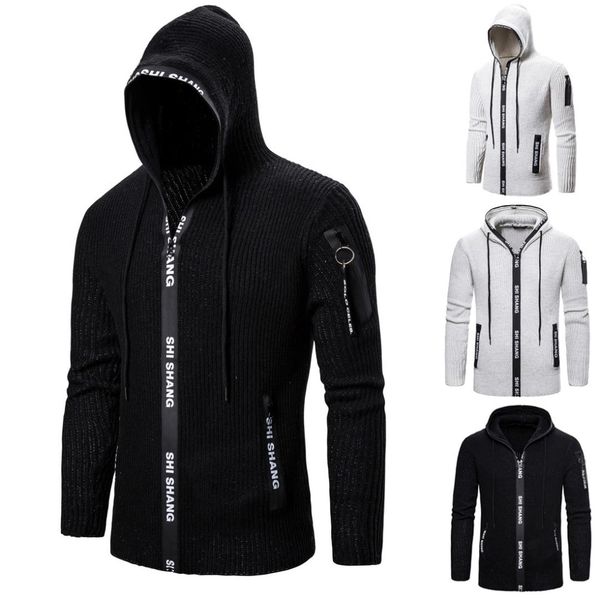 

2019 autumn and winter men slimmed-up knitted cardigan zip-up hooded sweater jacket mens black grey cardigan sweater, White;black