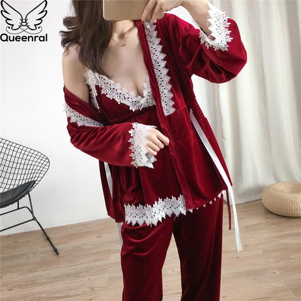 

queenral 3pcs winter warm pajamas set for women pijamas sleepwear for female nightwear robe lingerie  l xl homewear pyjama, Black;red
