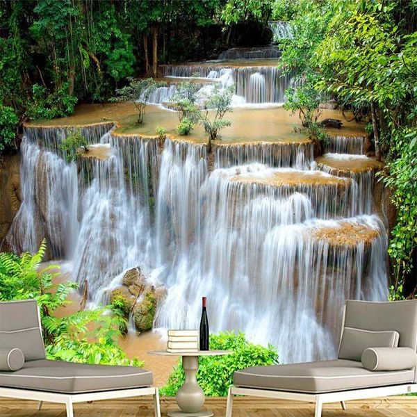 

custom 3d p wallpaper hd green landscape waterfall beautiful tv background mural bedroom living room non-woven 3d wall paper
