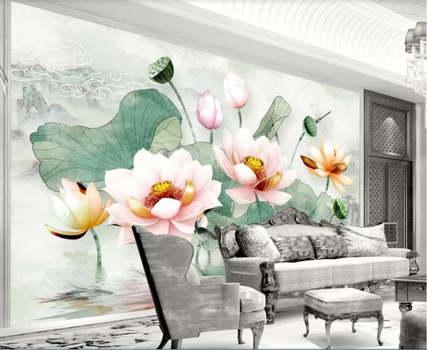 

3d wallpaper custom p mural 3d three-dimensional relief lotus flower fresh watercolor lotus leaf background home decor wall art pictures