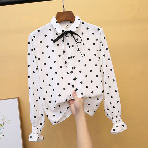 

chiffon shirt 2019 spring and autumn polka dots shirt ruffled long sleeve bow elegant women blouses, White