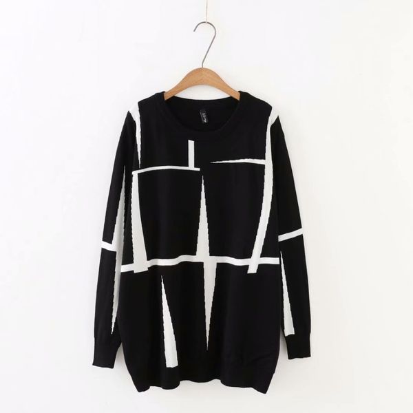 

plus size autumn o-neck long sleeves women knitted pullovers 2018 casual black & gray geometric ladies sweater wool female 5xl, White;black