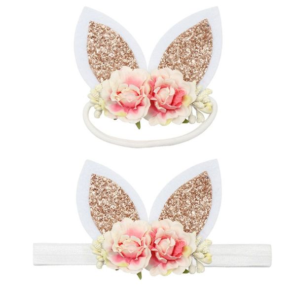 

baby artificial flower cloth headband cute easter ears elastic hairband g99c, Slivery;white