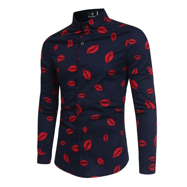 

men lips printed shirt autumn male fashion long sleeve business open stitch turn-down collar casual linen men shirts, White;black