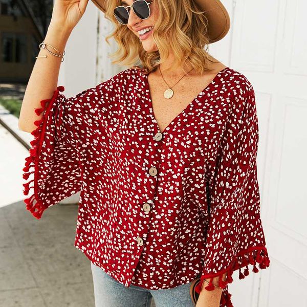 

women's blouses & shirts summer elegant shirt fashion retro v-neck floral print polka dot fringed womens and 2021, White