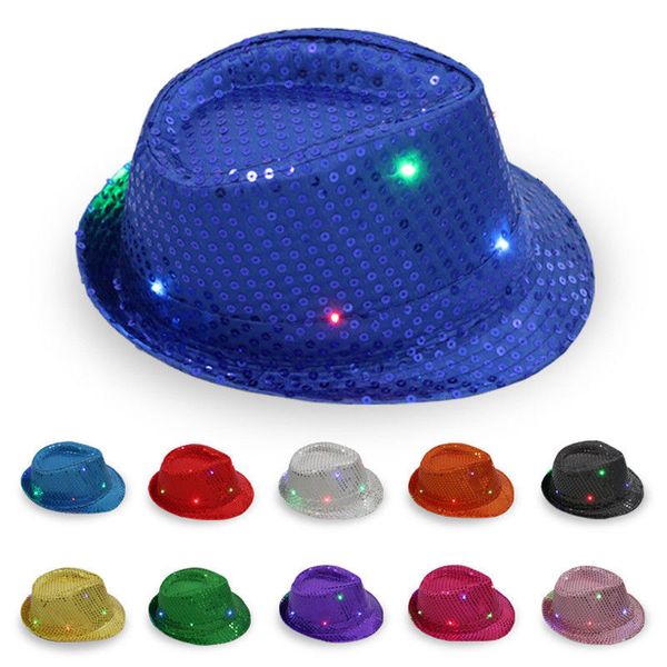 

flashing light up led fedora trilby sequin fancy dress dance party hat 1p