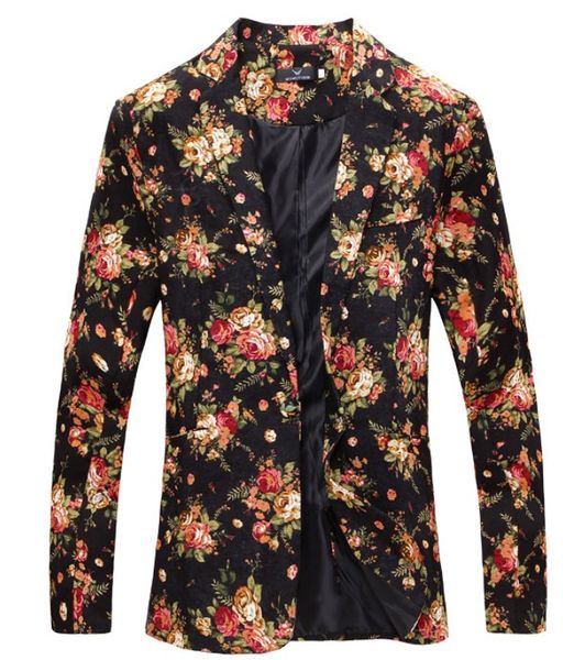 Herrenanzüge Blazer Herren Royal Red Floral Blazer Schmal geschnittene Party Einreiher Männer Ein-Knopf-Anzugjacke Bühnenkostüme für Sänger