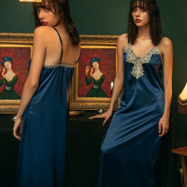 

women v neck pyjamas classic lace backless comfortable home spaghetti strap long nightgowns womens sleepwear, Black;red
