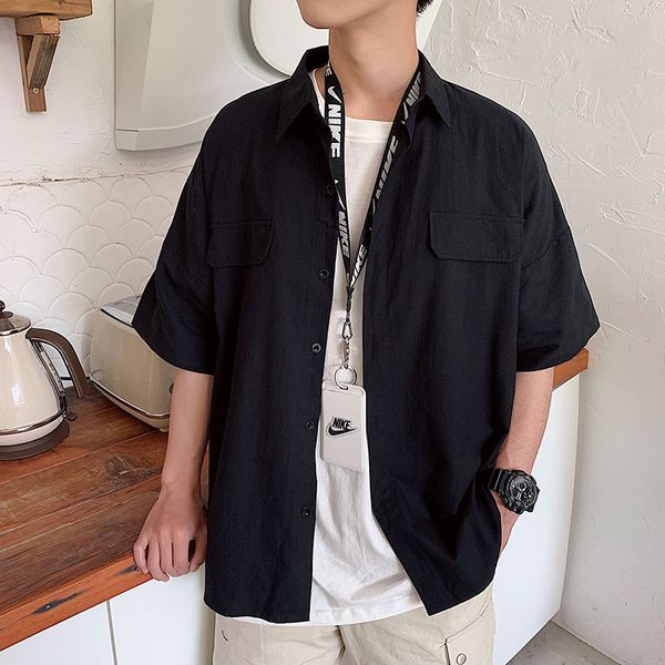 

trendy mens shirts large sizes back pattern male shirts black gray yellow summer men short sleeve shirt, White;black