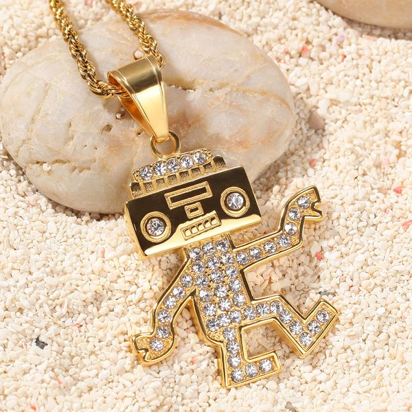 

designer diamond stainless steel mens cartoon dancing robot pendant necklace bijoux bling rhinestone hip hop rapper jewelry gifts for guys, Silver