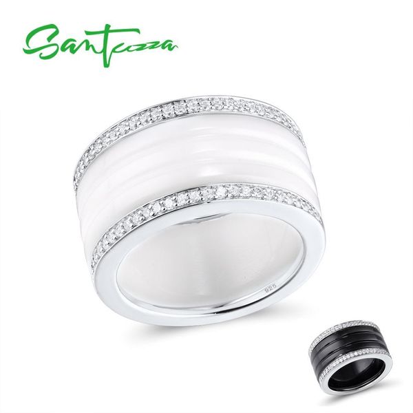 

santuzza silver rings for women pure 925 sterling silver round white black ceramic cubic zirconia simple anillos fine jewelry, Slivery;golden
