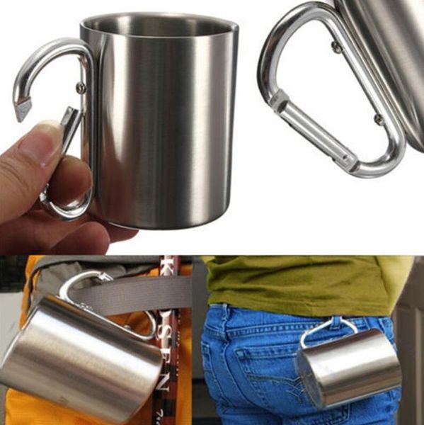 

portable stainless steel cup outdoor camping traveling picnic cup double wall mug with carabiner hook handle 220ml 300ml 350ml capacity