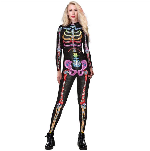 

halloween explosion game anime cosplay costume funny black human joint painting skull digital printing women's jumpsuit, Black;red
