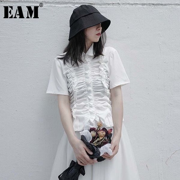 

women's blouses & shirts [eam] women white black pleated ruffles blouse lapel short sleeve loose fit shirt fashion tide spring summer 2
