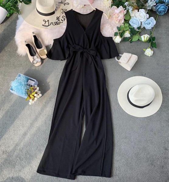 

fashion v-neck cold shoulder women paysuit elegant flare sleeve lace-up bow long jumpsuit romper office summer ladies overalls, Black;white