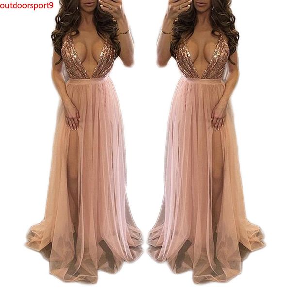 

sequin splicing net yarn lace split women gown black wholesale evening dress 3 colors plunging neckline mini shirt casual dress for women