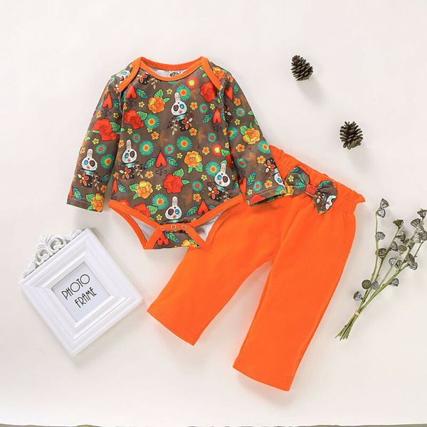 

baby boy girl clothes set 2019 halloween newborn autumn long sleeve floral round neck bodysuit pants clothing outfit 2pcs, White