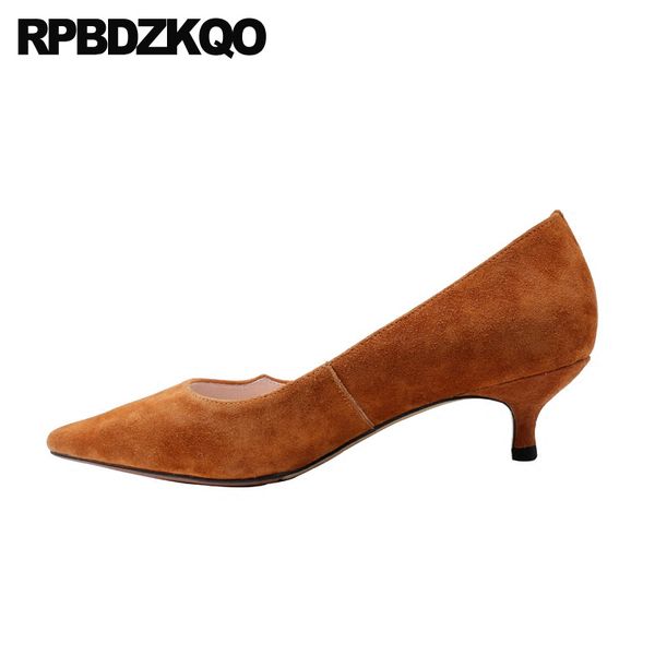 

высокие каблуки обуви женщин заостренный носок насосы черным дамам котенок обувь размер 33 натуральная кожа средней коричневые замшевый тонк, Black