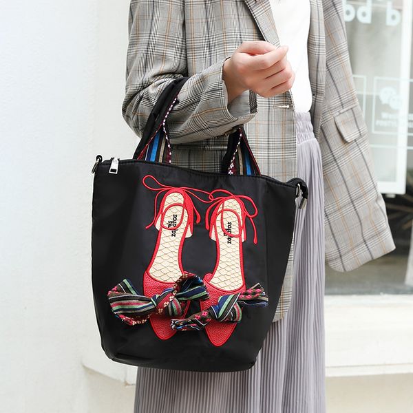 

embroidered shoes bow-knot messenger bag korean large capacity nylon tote handbags detachable strap work daypacks