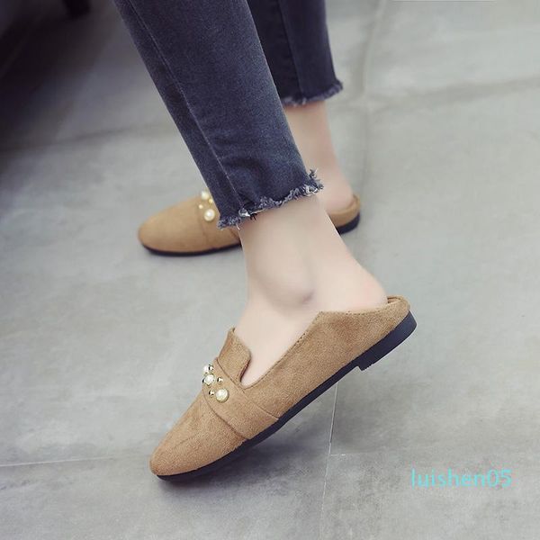 

black/khaki flock shallow slip on loafers pearl rivets flats soft bottom moccasins 2 wears mules women single shoes cozy outside l05