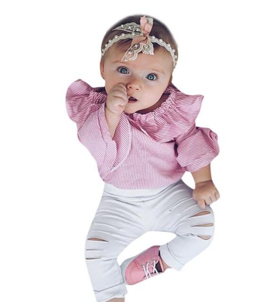 

toddler infant overalls baby girl clothes striped romper ripped pants outfits clothes set roupas infantis menina, White