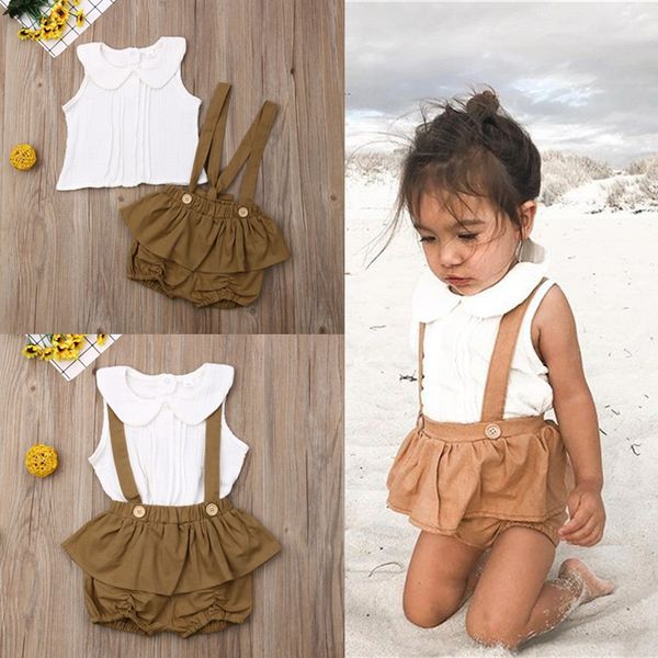 

summer baby girl kids clothes set doll collar sleeveless white strap shorts 2 piece sets kids designer clothes girls jy496