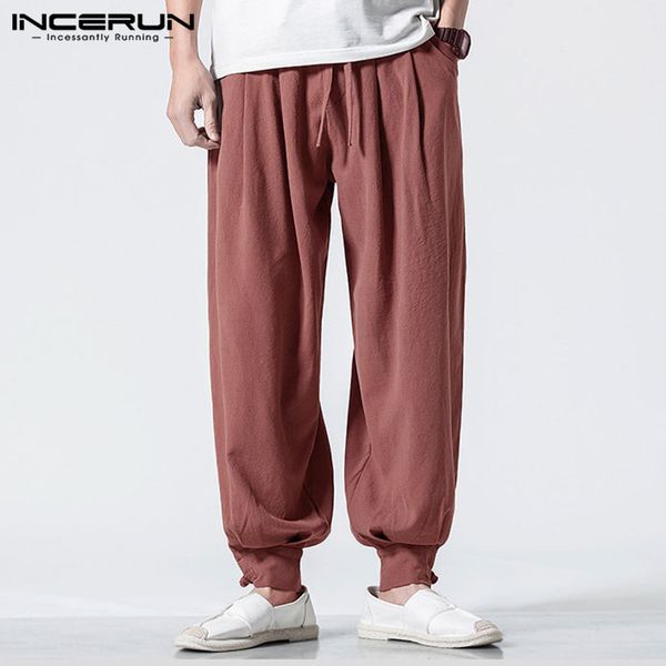 

incerun retro cotton linen men harem pants solid color casual joggers loose elastic waist sweatpants vintage trousers men 2019, Black