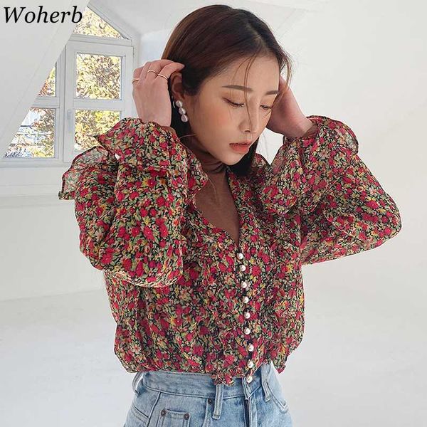 

women's blouses & shirts woherb floral print ruffle blouse women flare long sleeve see through chiffon shirt summer vintage n-neck kore, White