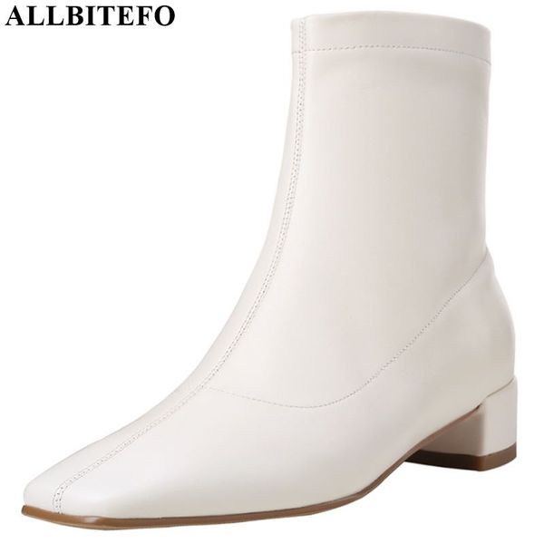

allbitefo square toe genuine leather low-heeled women boots ankle boots for women autumn winter snow, Black