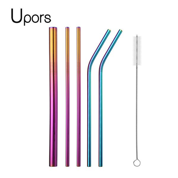 

upors 6pcs metal straw set reusable straw 304 stainless steel drinking with brush for tapioca pearls milk
