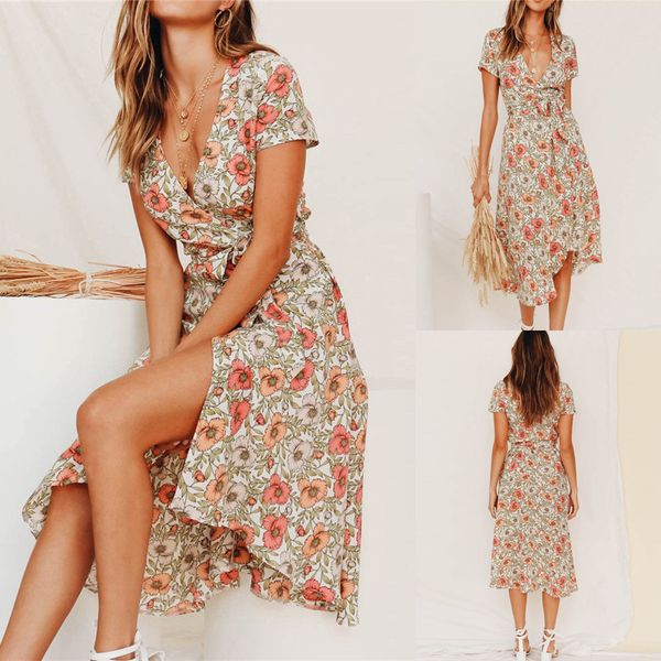 

летние цветочные платья пляжа женщин boho печати рябить шифон длинное платье wrap лета v шеи-сплит сексуальные платья партии vestidos robe