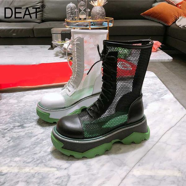 

deat]2020 mesh hollow out breathable genuine leather hit color women thick bottom cool boots new spring summer tide 10h357, Black