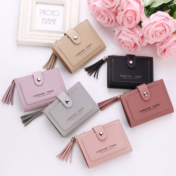 

fashion female buckle tassel wallet short purse lady letter snap fastener zipper short clutch wallet solid vintage women wallet, Red;black