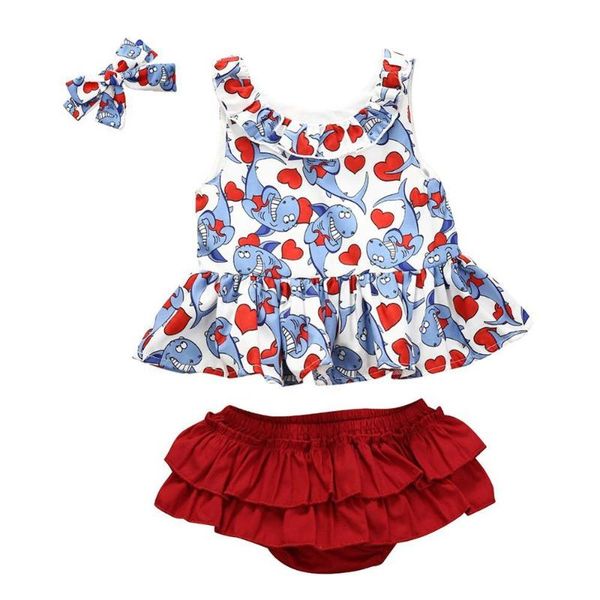 

3 pcs set 2020 fashion newborn girl summer clothes suit toddler kids baby printing sleeveless dress+ shorts +headband new, White