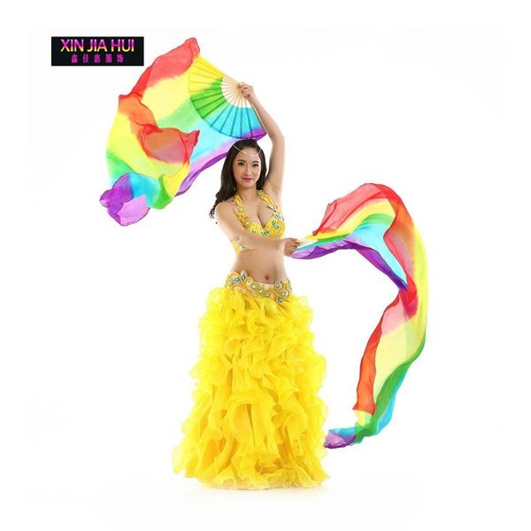 

dancing girl belly dance real silk fan rainbow color long fan bellydance costume carnaval acessorios danza del vientre oriental, Black;red