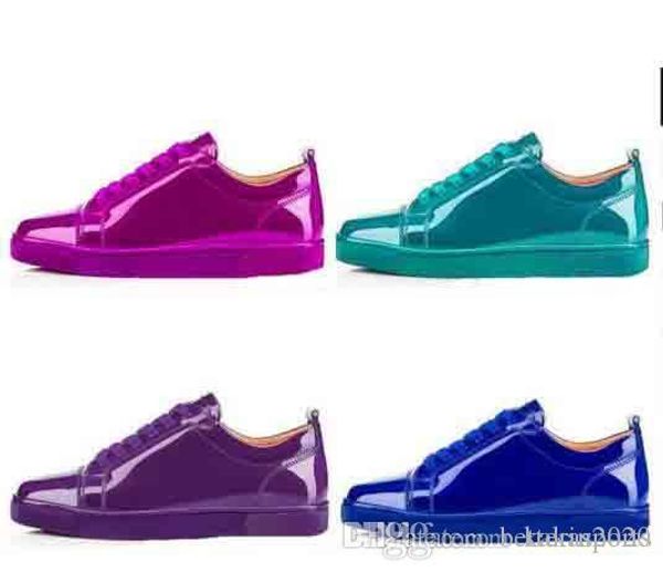 

legant low sneakers louflat red bottom shoes women men trainers shiny patent leather junior lace-up red soles luxury party dress shoe, Black