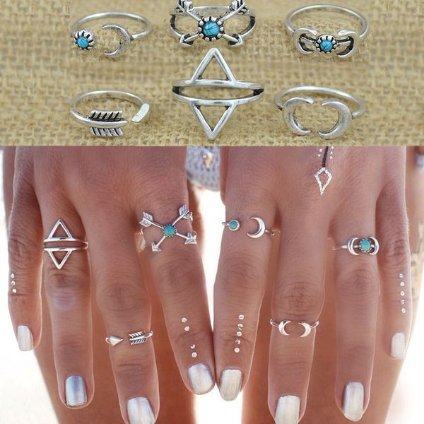 

yumfeel bohemia vintage punk boho rings for women beach unique carving tibetan silver plated knuckle joint ring set 6pcs/set, Golden;silver