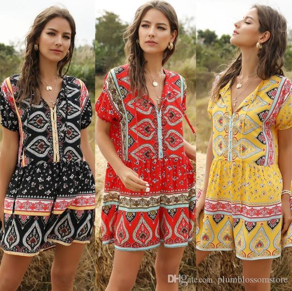 

boho floral print holiday summer rompers womens jumpsuit lace up stand collar long sleeve with belt ruffle bohemian jumpsuit playsuit short, Black;white