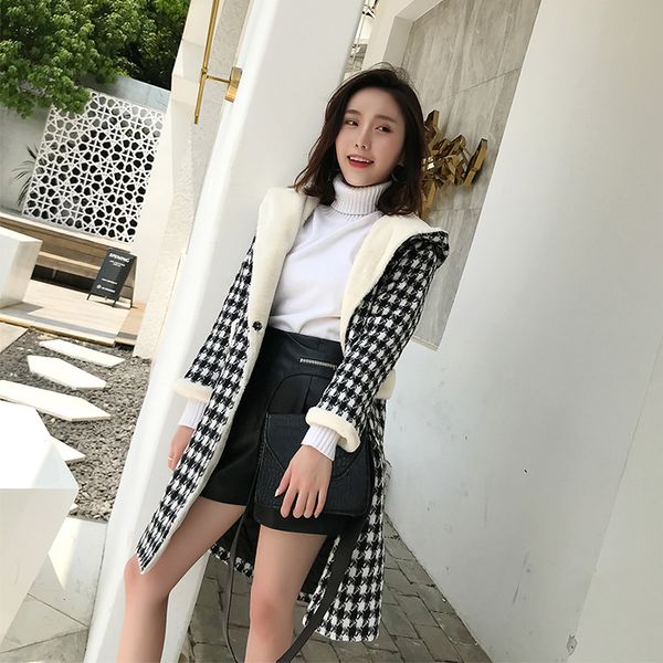 

2019 fashion women woolen coat warm thicker coats houndstooth wool coat vintage black and white loose retro plaid female