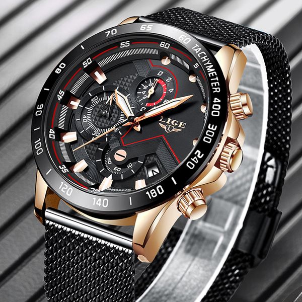 

lige new men watches quartz clock steel mesh date chronograph waterproof sport watch men relogio masculino+box, Slivery;brown
