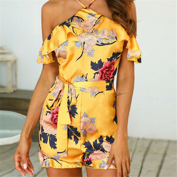 

women summer beach rompers floral print off shoulder casual short jumpsuit halter short sleeve party playsuit