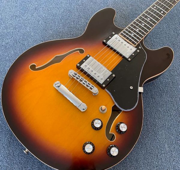 

custom 1959 339 vintage sunburst semi hollow body jazz electric guitar double f holes, semi-gloss finihsed, dot inlay, cream body binding