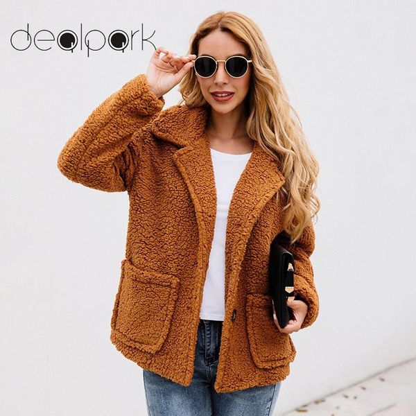

2019 winter coat women fashion teddy jacket pure color coat turn-down collar long sleeve overcoat pocket thick jacket outwear, Black