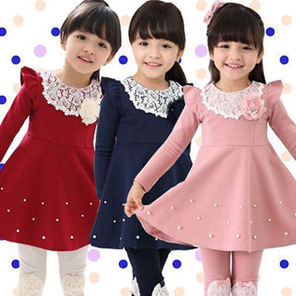 

2016 new autumn winter kids toddlers girls dress pearl lace cotton long sleeve dress girl clothing 1-6y, Red;yellow